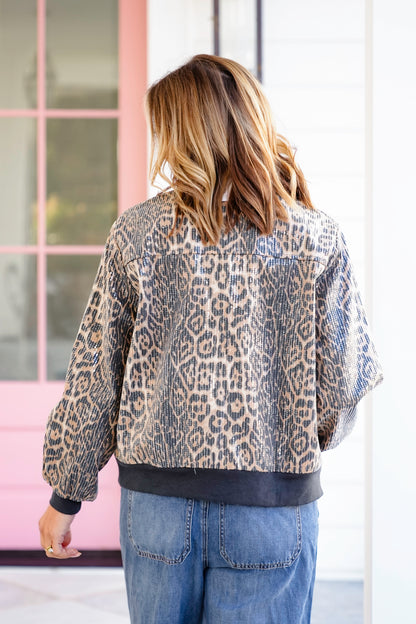 Sequin Leopard Long Sleeve Zip-Up Bomber Jacket