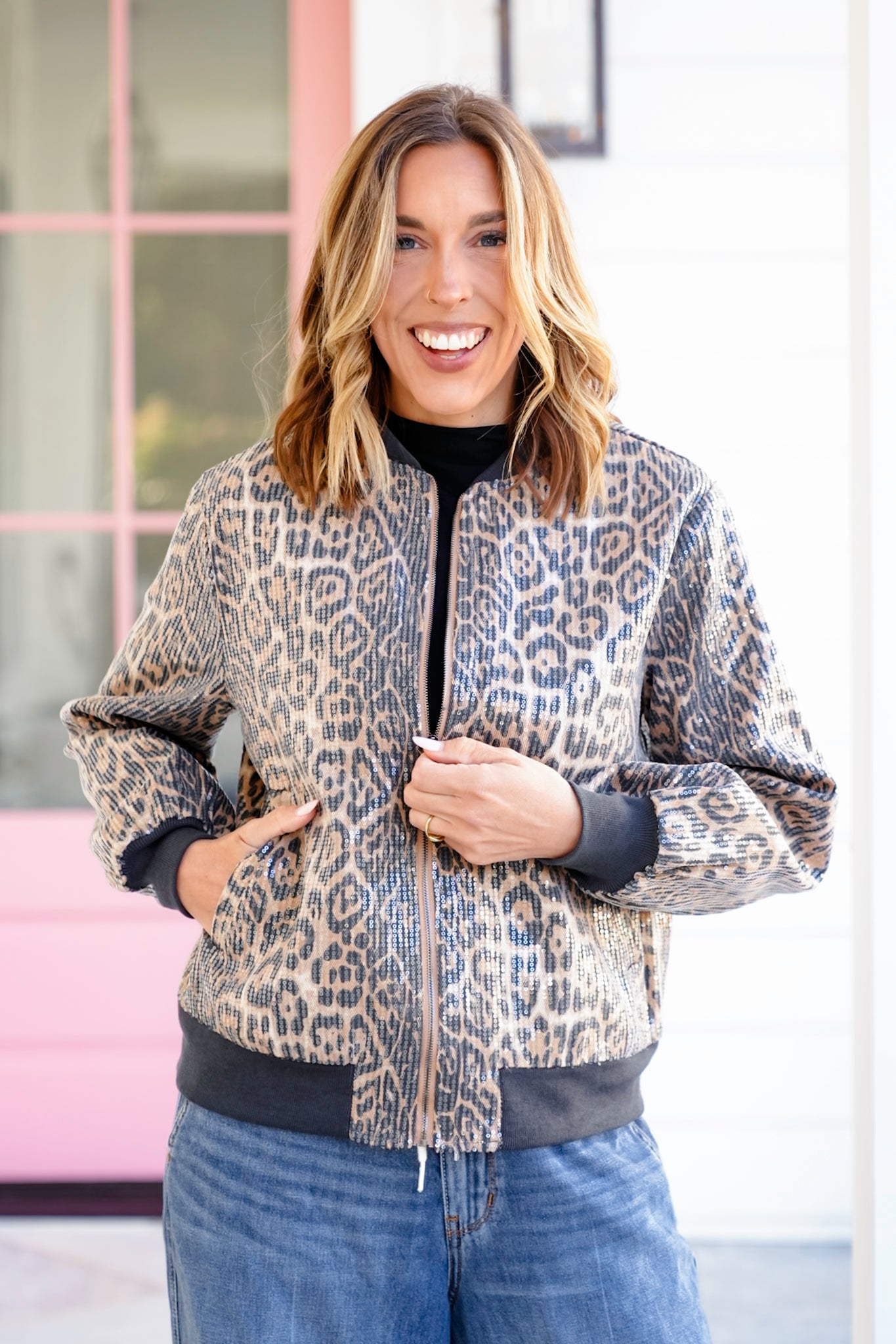 Sequin Leopard Long Sleeve Zip-Up Bomber Jacket