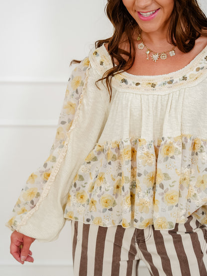 POL Ribbed Long Sleeve Flowy Top With Floral