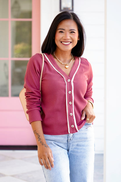 Ribbed Knit Long Sleeve Button Down Cardigan Top