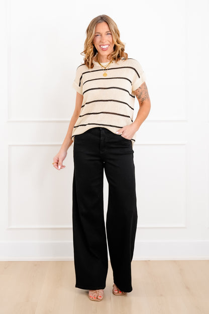 Plus/Reg Striped Short Sleeve Knit Top