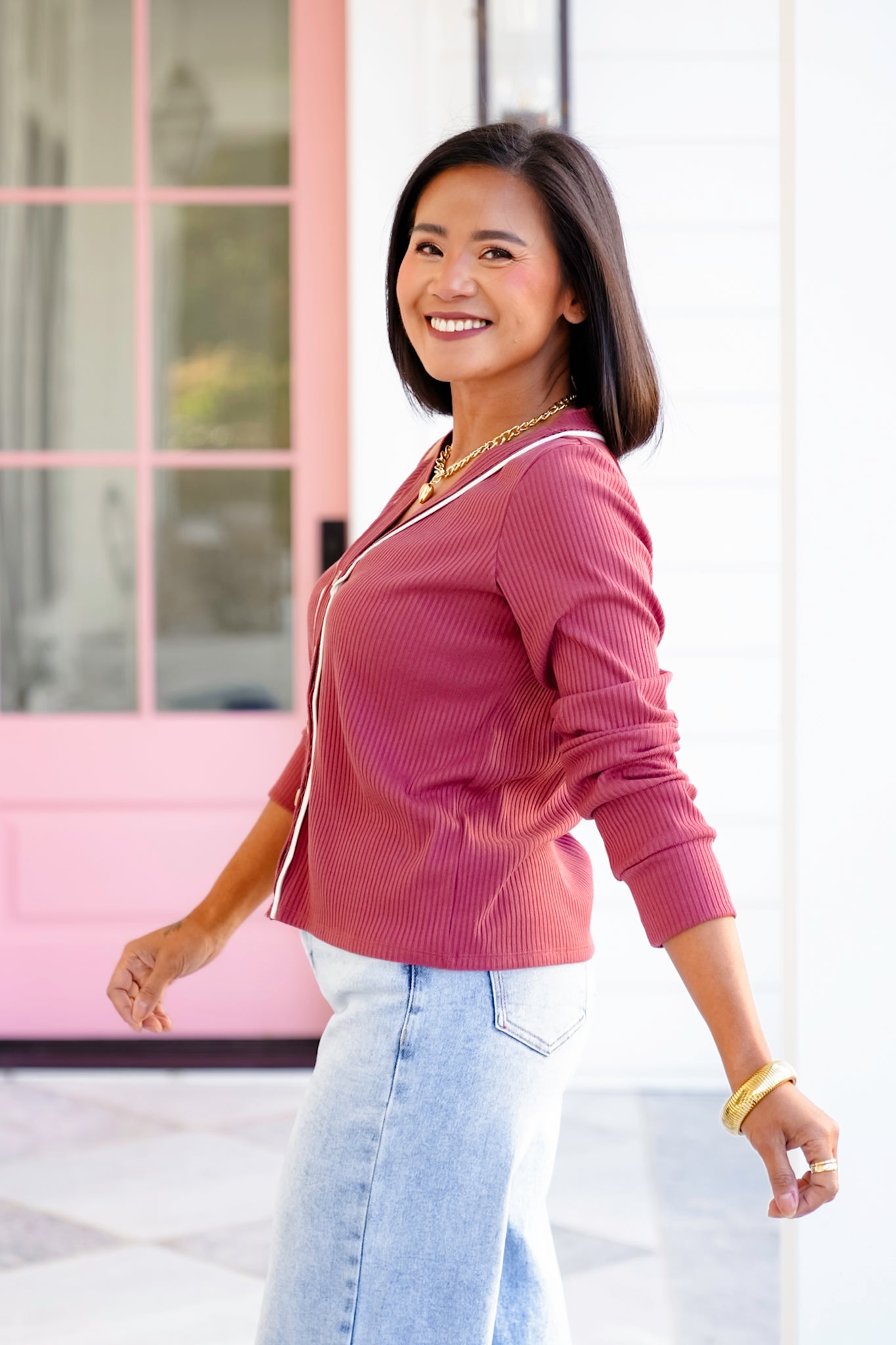 Ribbed Knit Long Sleeve Button Down Cardigan Top