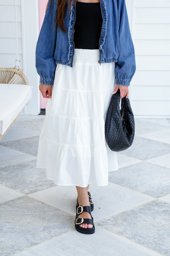 White Woven Smocked Waist Tiered Skirt