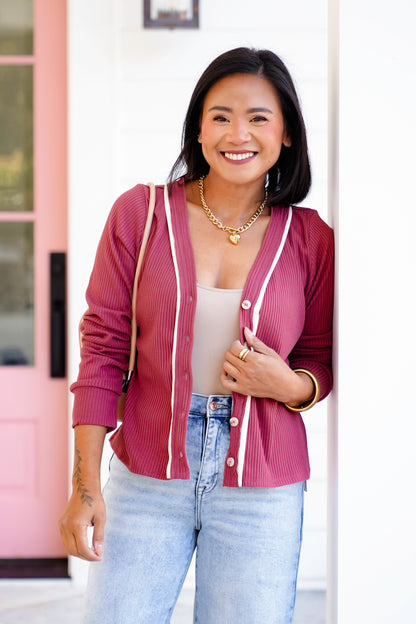 Ribbed Knit Long Sleeve Button Down Cardigan Top