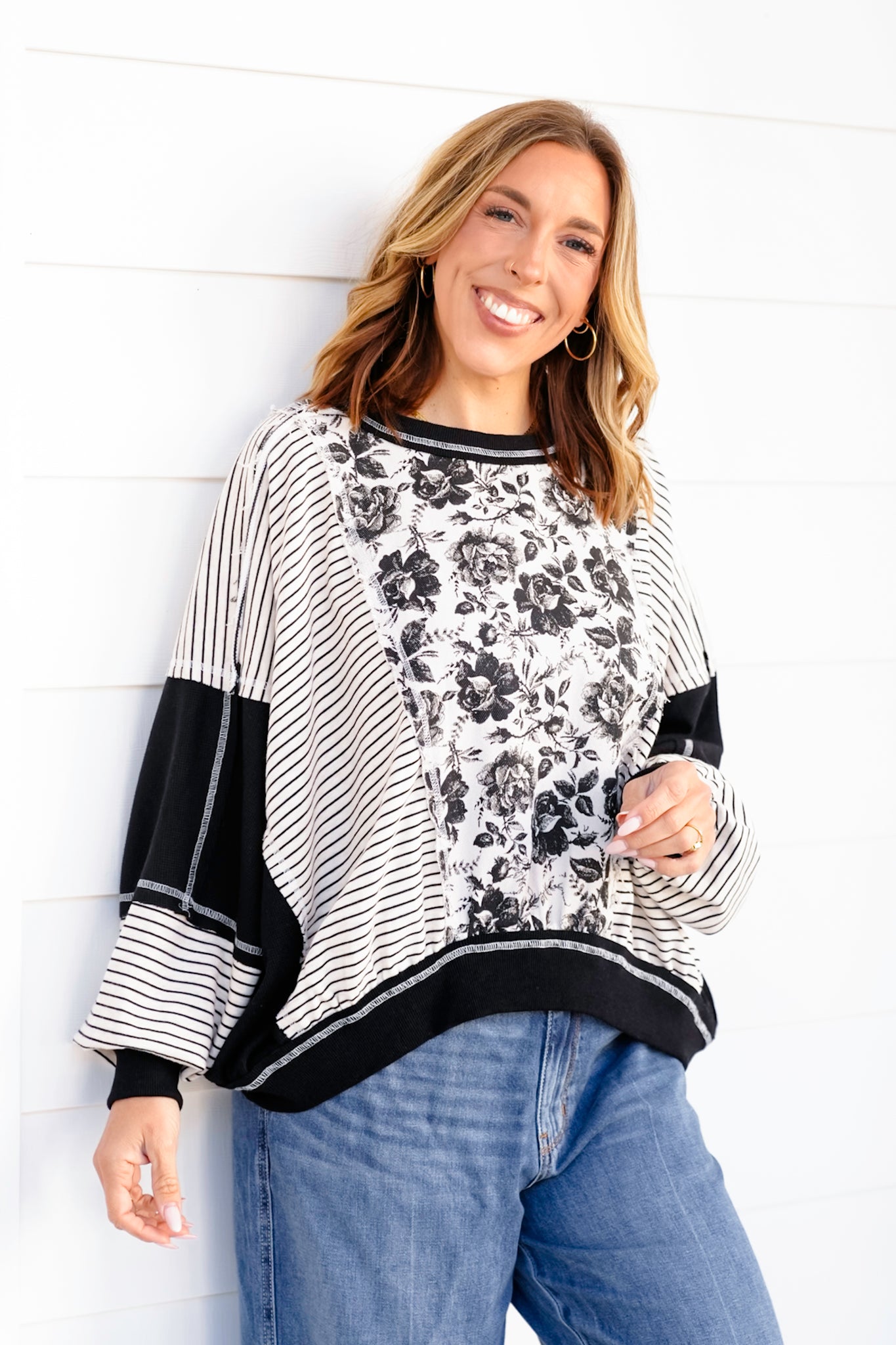 Long Sleeve Rose And Stripe Mix and Match Top