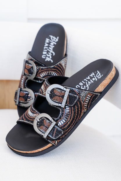 Blowfish Embellished Cork Slide Sandals with Adjustable Buckle Detail