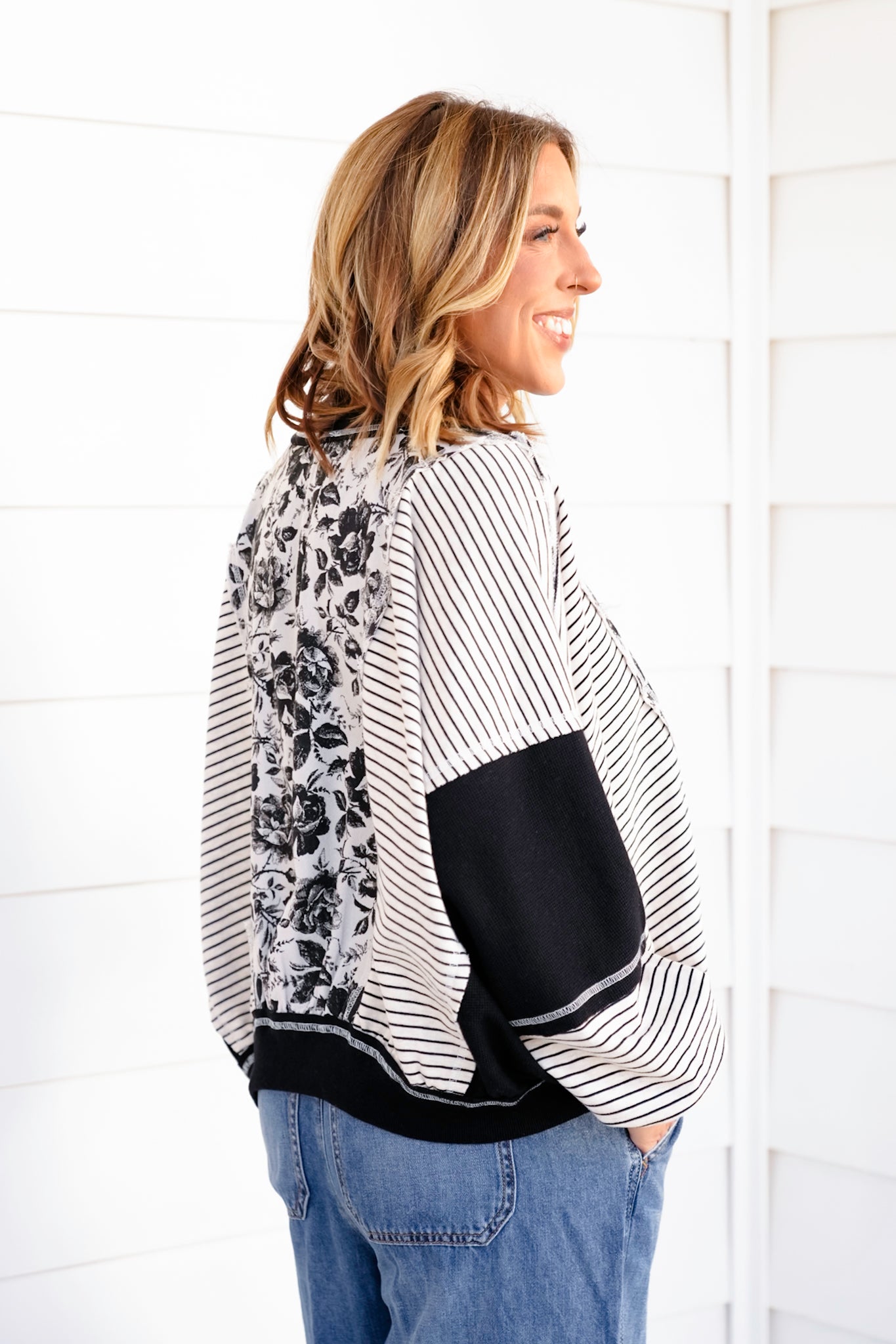 Long Sleeve Rose And Stripe Mix and Match Top