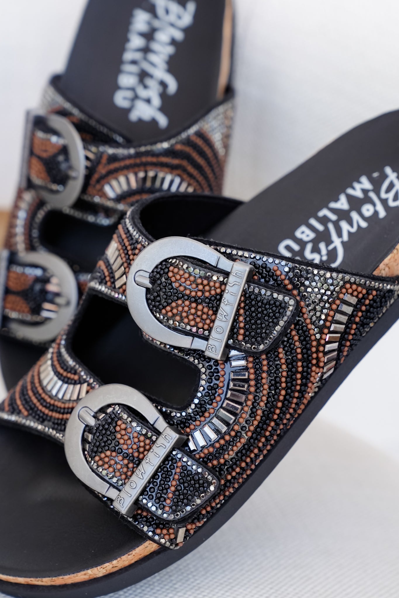 Blowfish Embellished Cork Slide Sandals with Adjustable Buckle Detail
