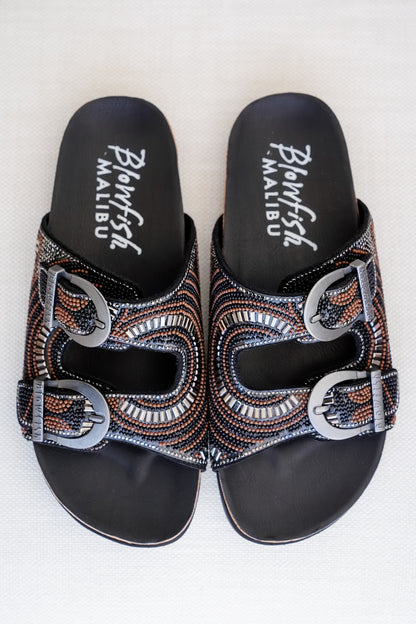 Blowfish Embellished Cork Slide Sandals with Adjustable Buckle Detail