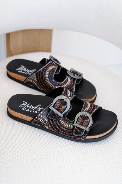 Blowfish Embellished Cork Slide Sandals with Adjustable Buckle Detail