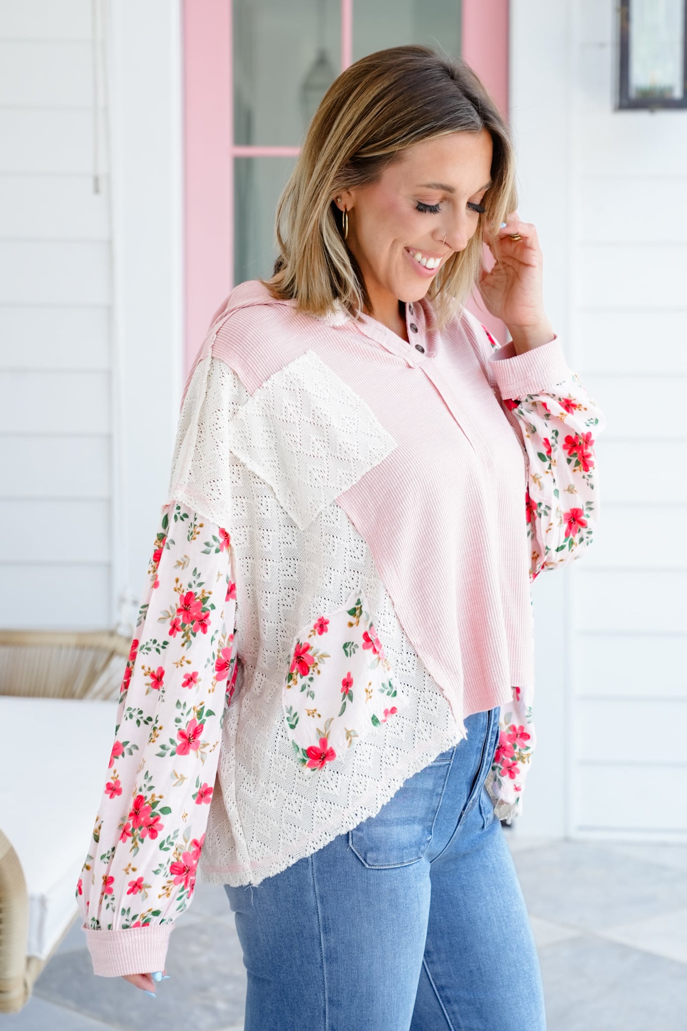 POL Long Sleeve Pullover Hoodie Top with Floral Detail