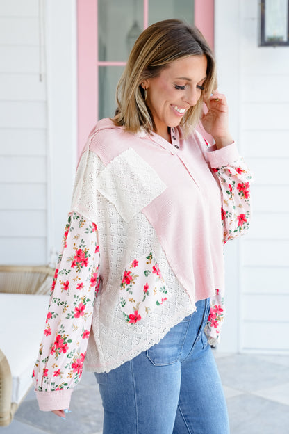 POL Long Sleeve Pullover Hoodie Top with Floral Detail