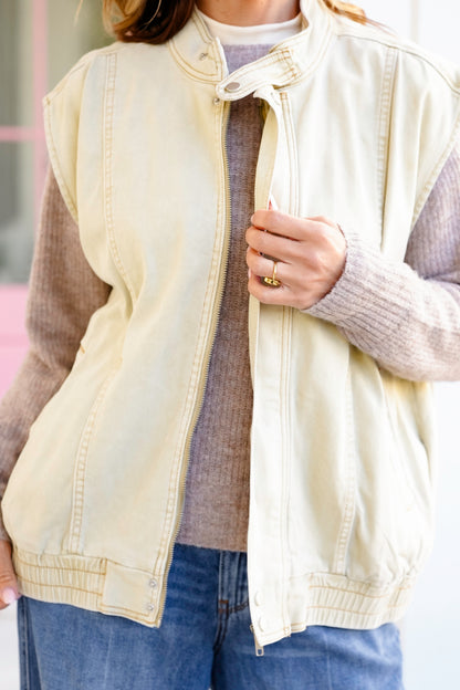 High Neck Elastic Hem Zip Up Vest