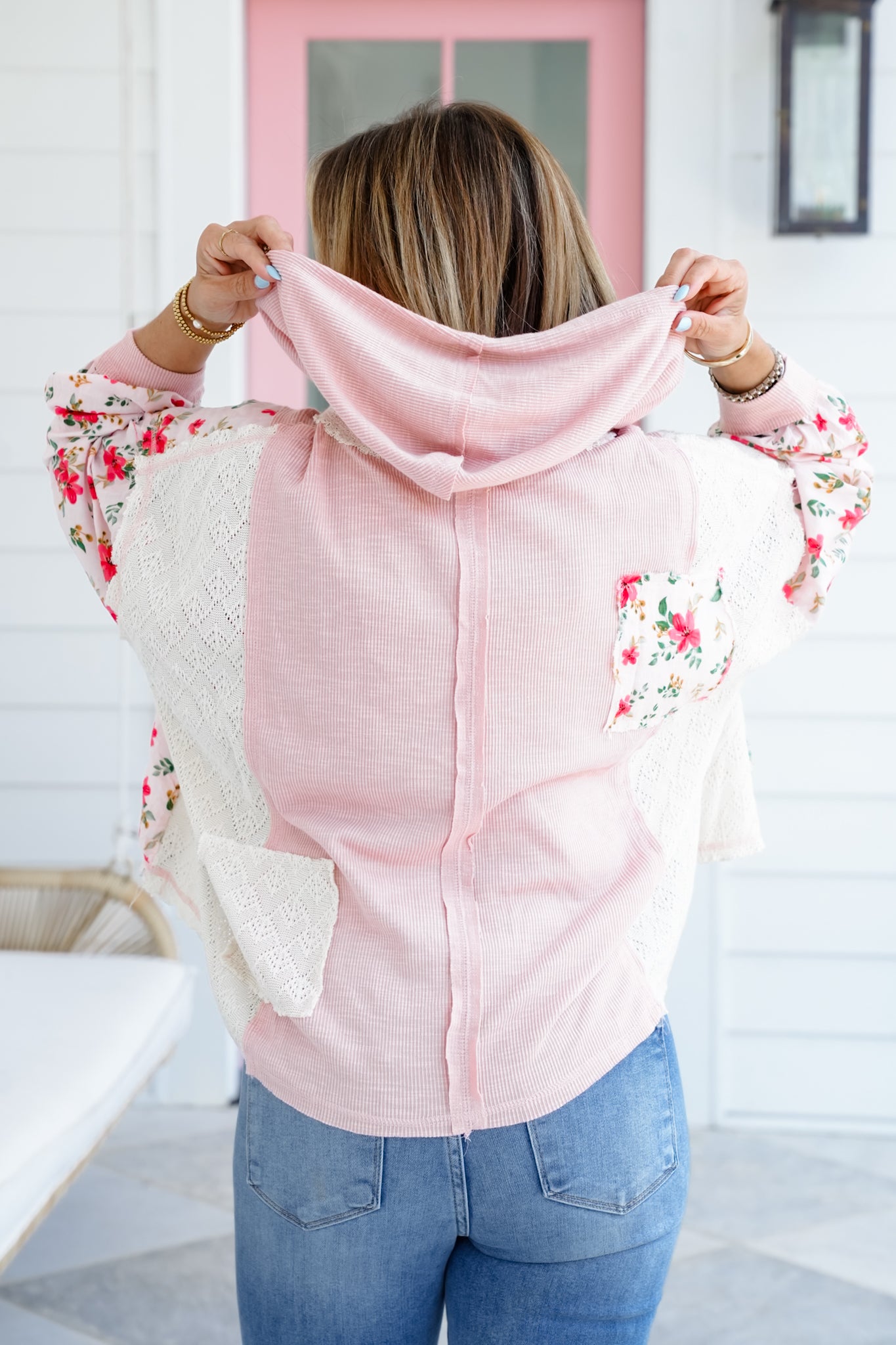 POL Long Sleeve Pullover Hoodie Top with Floral Detail