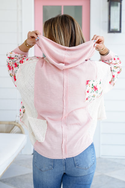 POL Long Sleeve Pullover Hoodie Top with Floral Detail