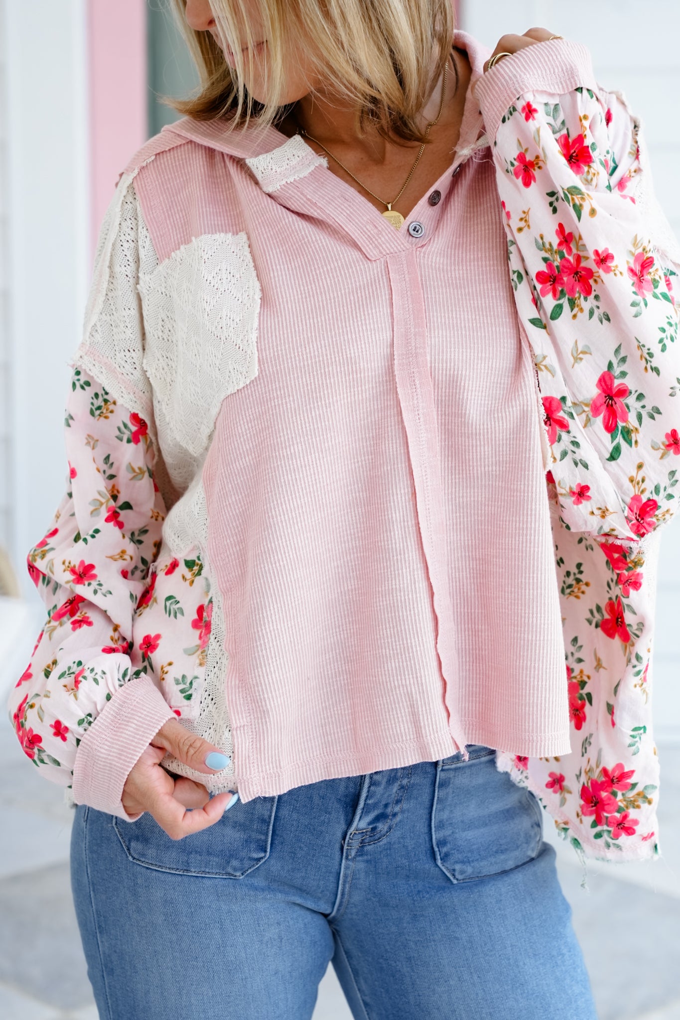 POL Long Sleeve Pullover Hoodie Top with Floral Detail