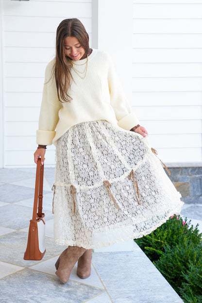 Lace Elastic Waist Midi Skirt with Bow Detail