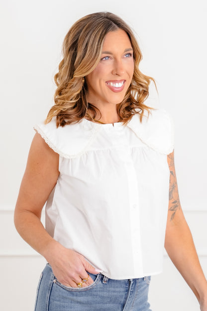 White Sleeveless Button Down Blouse with Peter Pan Collar