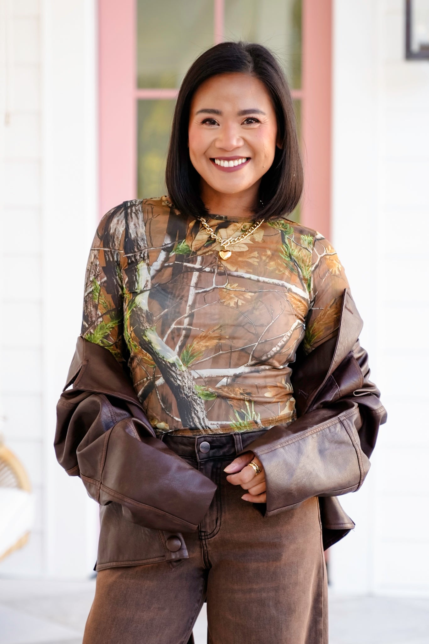 Camo Print Long Sleeve Mesh Top