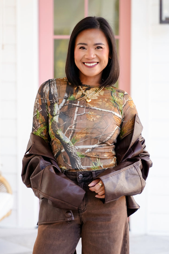 Camo Print Long Sleeve Mesh Top