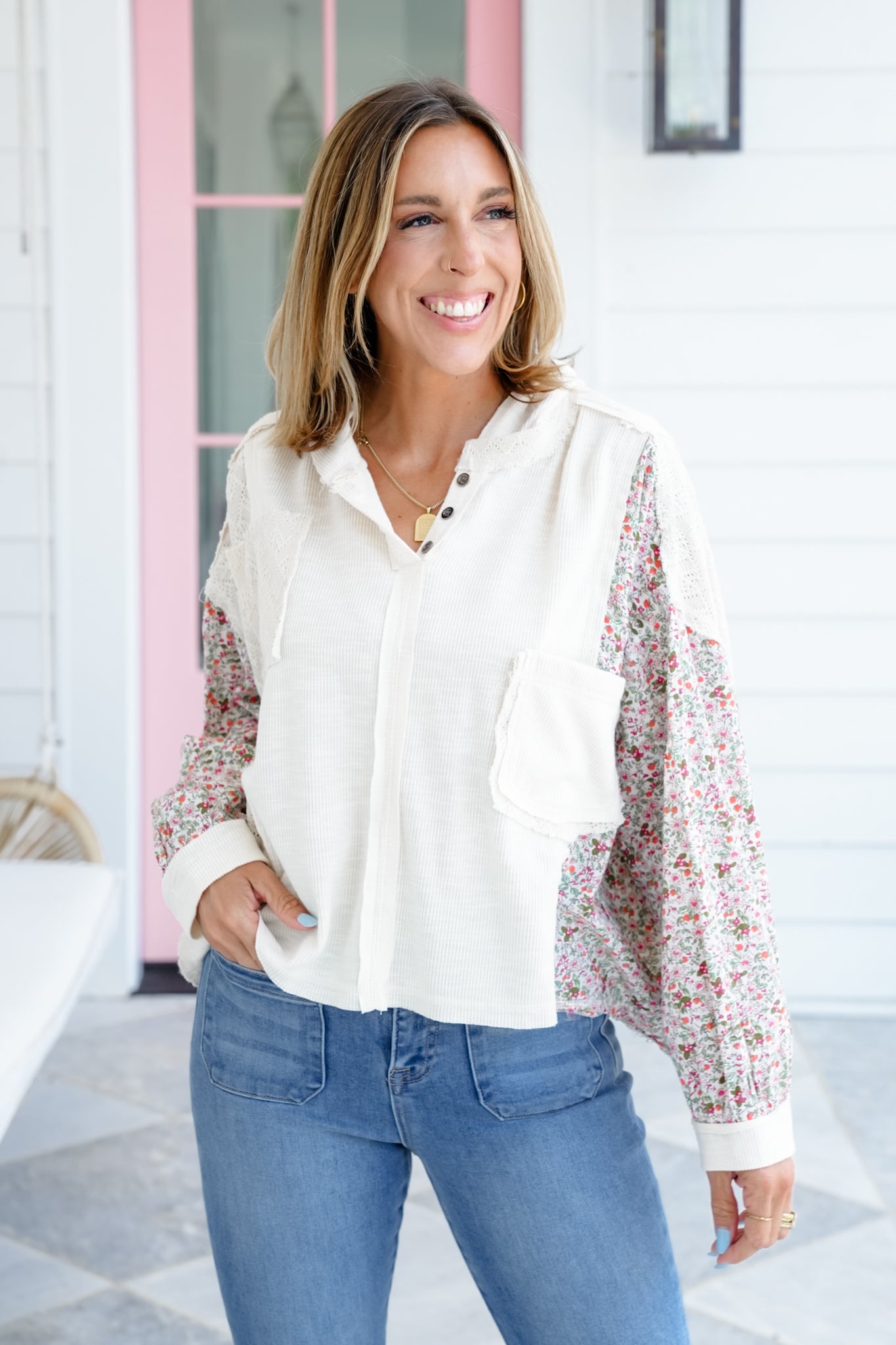 POL Long Sleeve Pullover Hoodie Top with Floral Detail