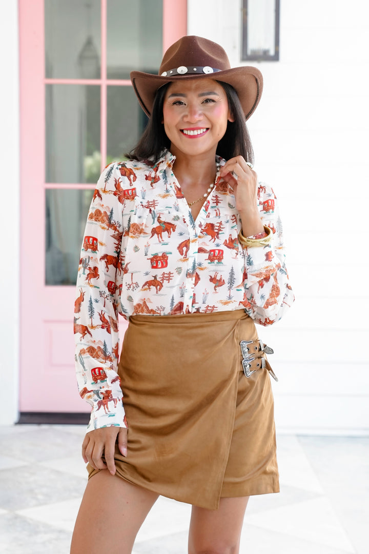 Western Print Long Sleeve Button Down Top