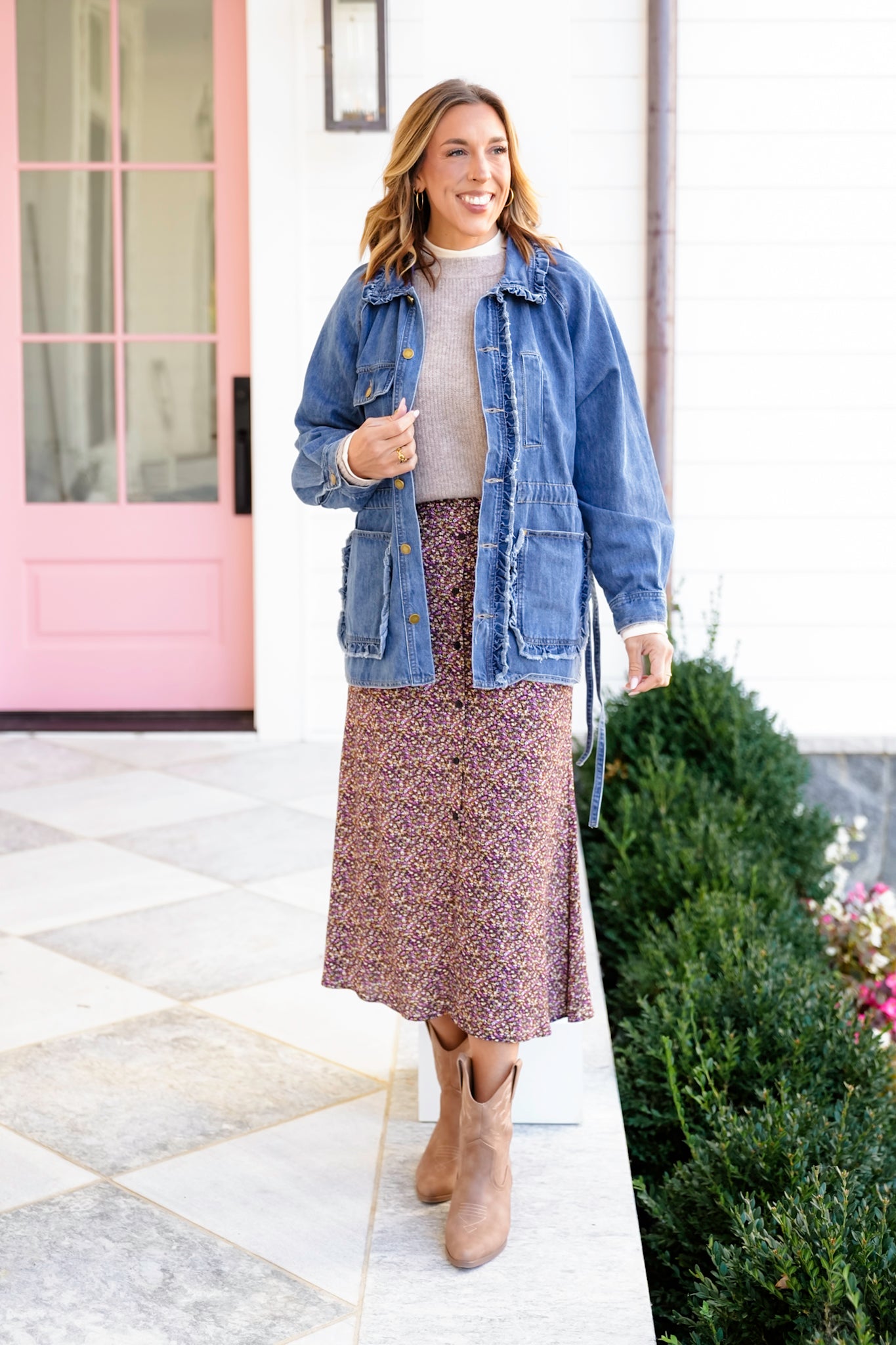 Medium Wash Long Sleeve Button Down Utility Jacket