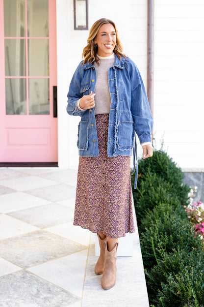 Medium Wash Long Sleeve Button Down Utility Jacket