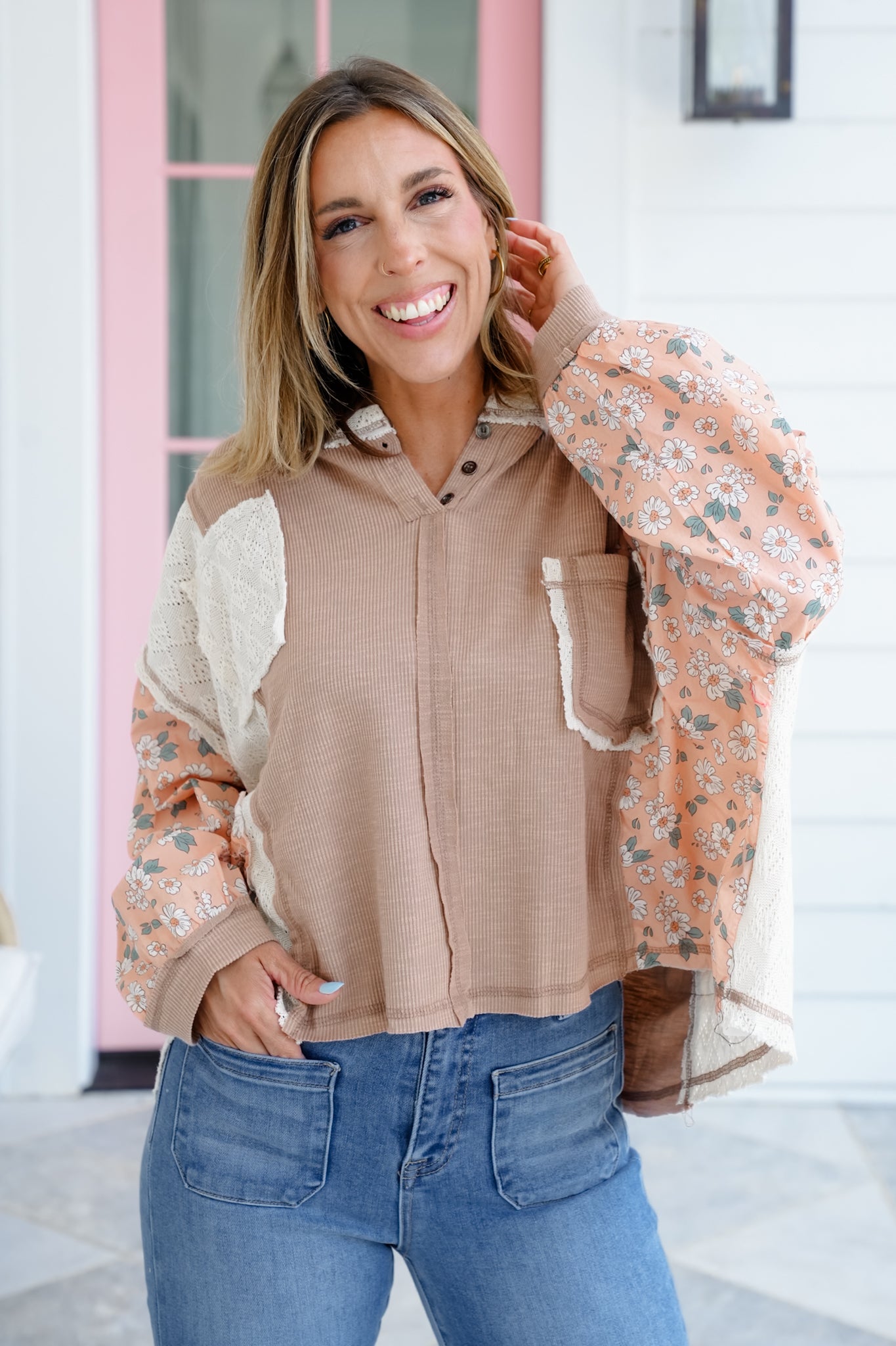 POL Long Sleeve Pullover Hoodie Top with Floral Detail