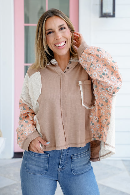 POL Long Sleeve Pullover Hoodie Top with Floral Detail