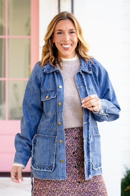 Medium Wash Long Sleeve Button Down Utility Jacket