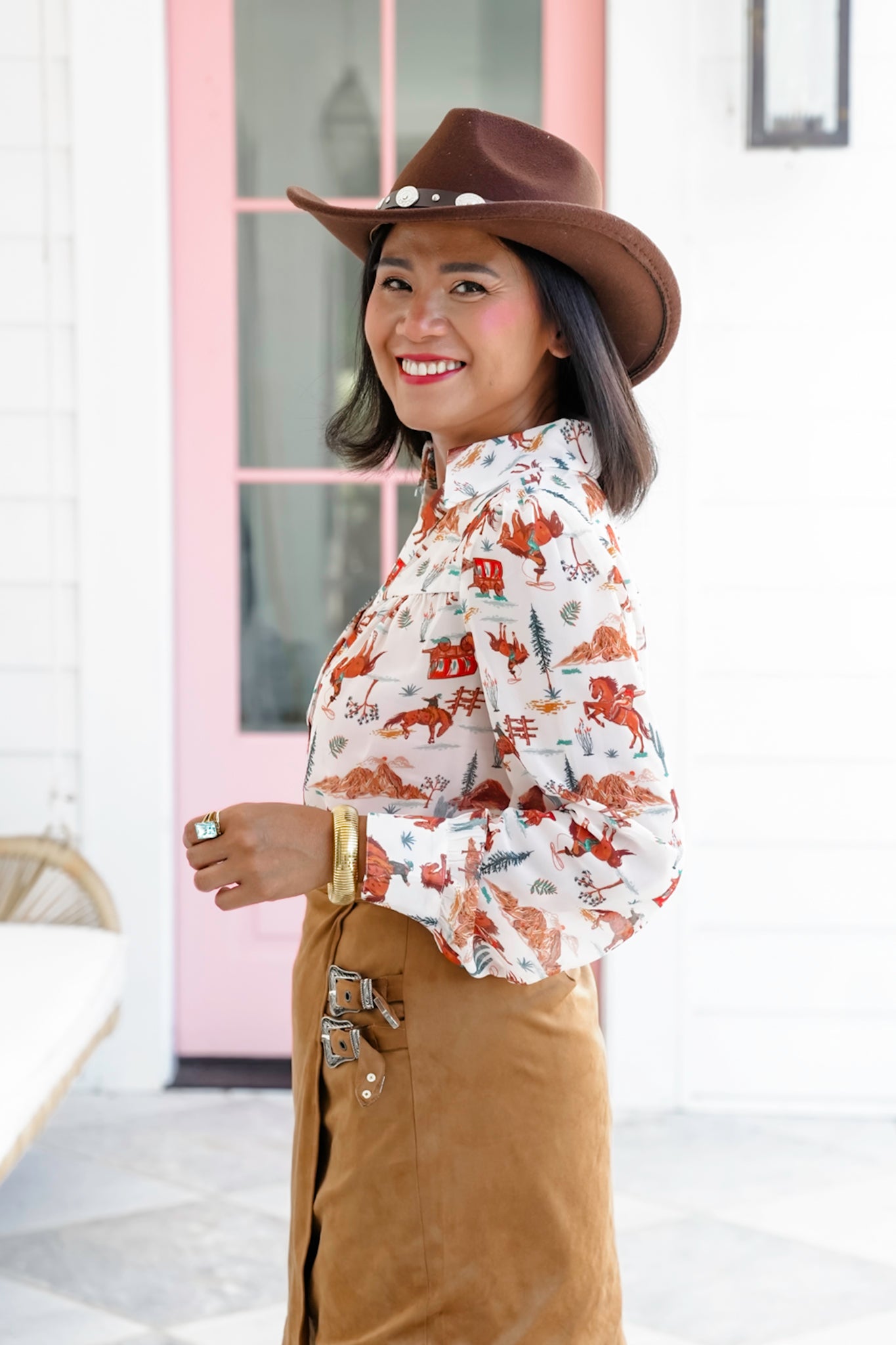 Western Print Long Sleeve Button Down Top