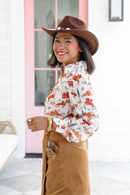 Western Print Long Sleeve Button Down Top