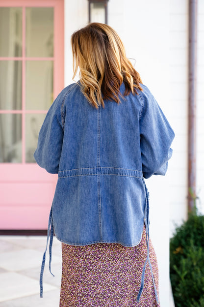 Medium Wash Long Sleeve Button Down Utility Jacket