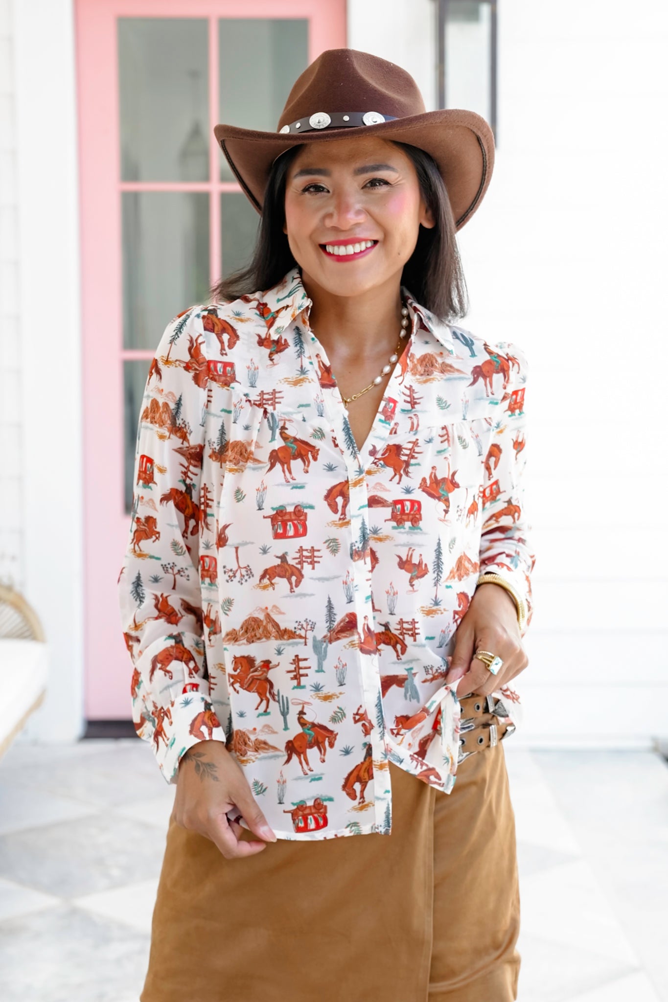 Western Print Long Sleeve Button Down Top