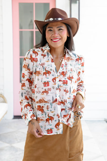 Western Print Long Sleeve Button Down Top