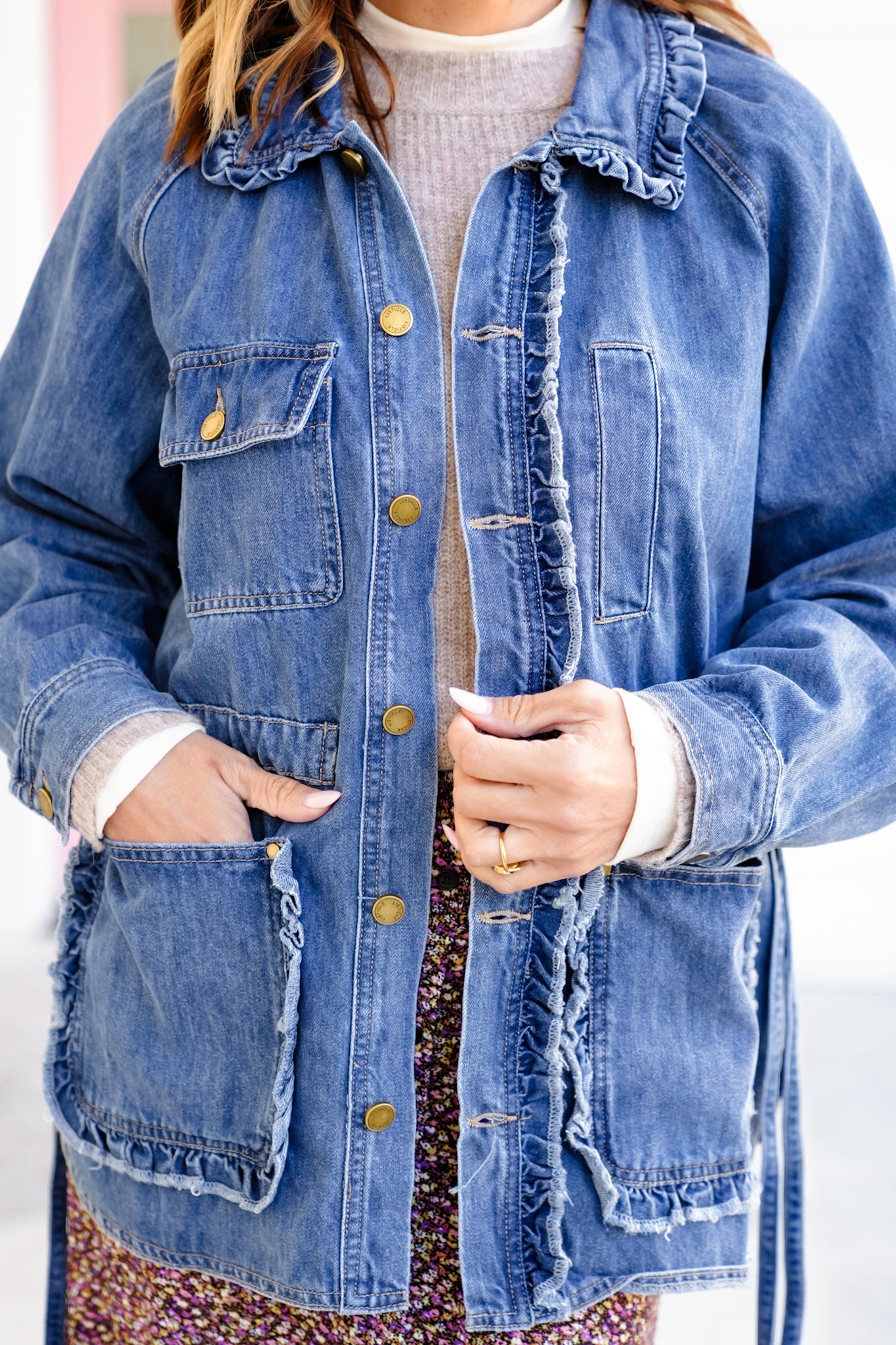 Medium Wash Long Sleeve Button Down Utility Jacket