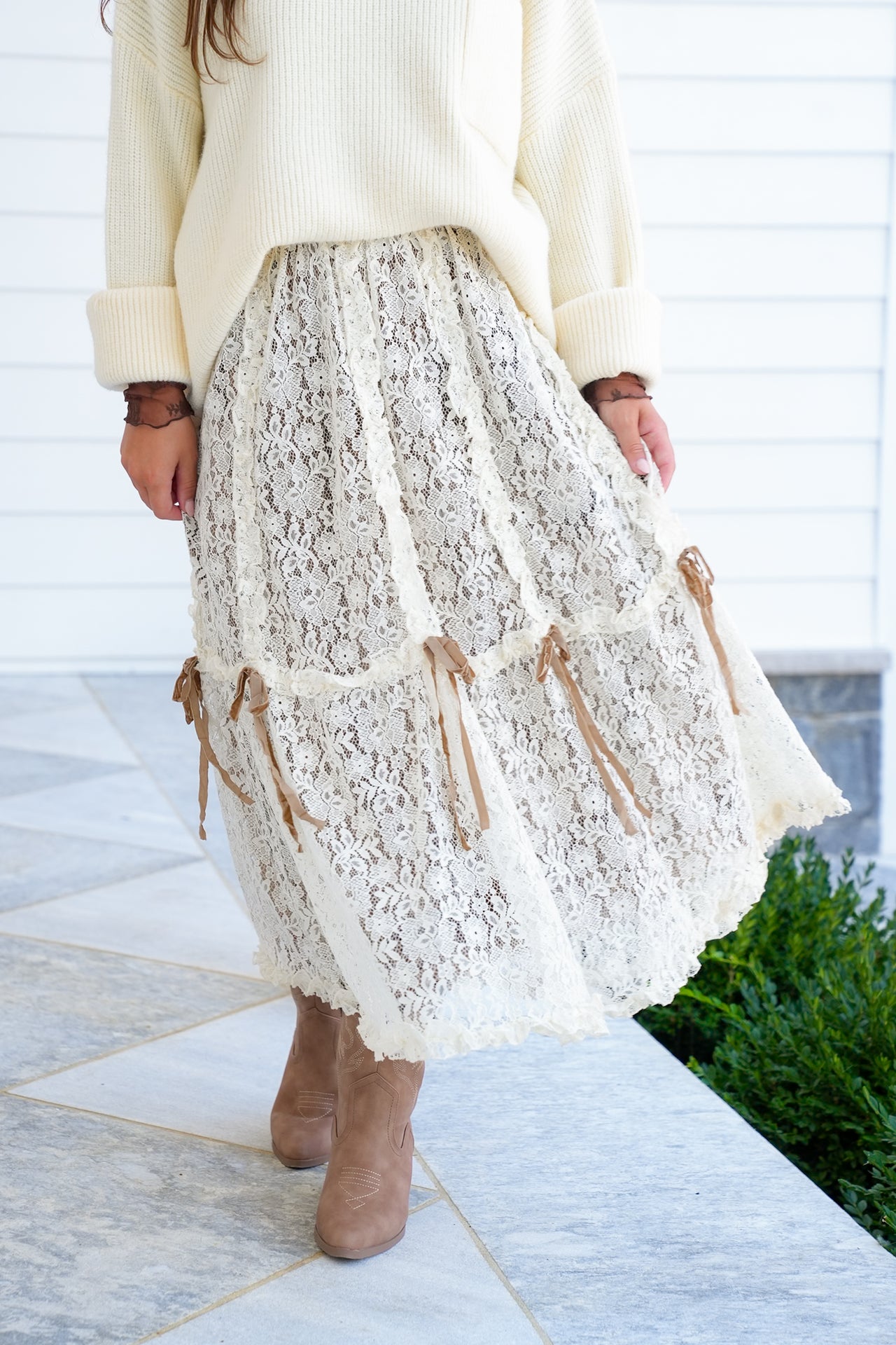 Lace Elastic Waist Midi Skirt with Bow Detail