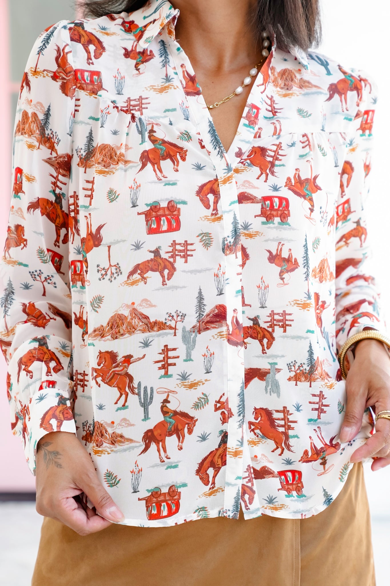 Western Print Long Sleeve Button Down Top
