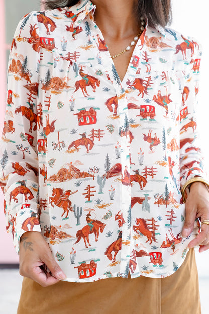 Western Print Long Sleeve Button Down Top