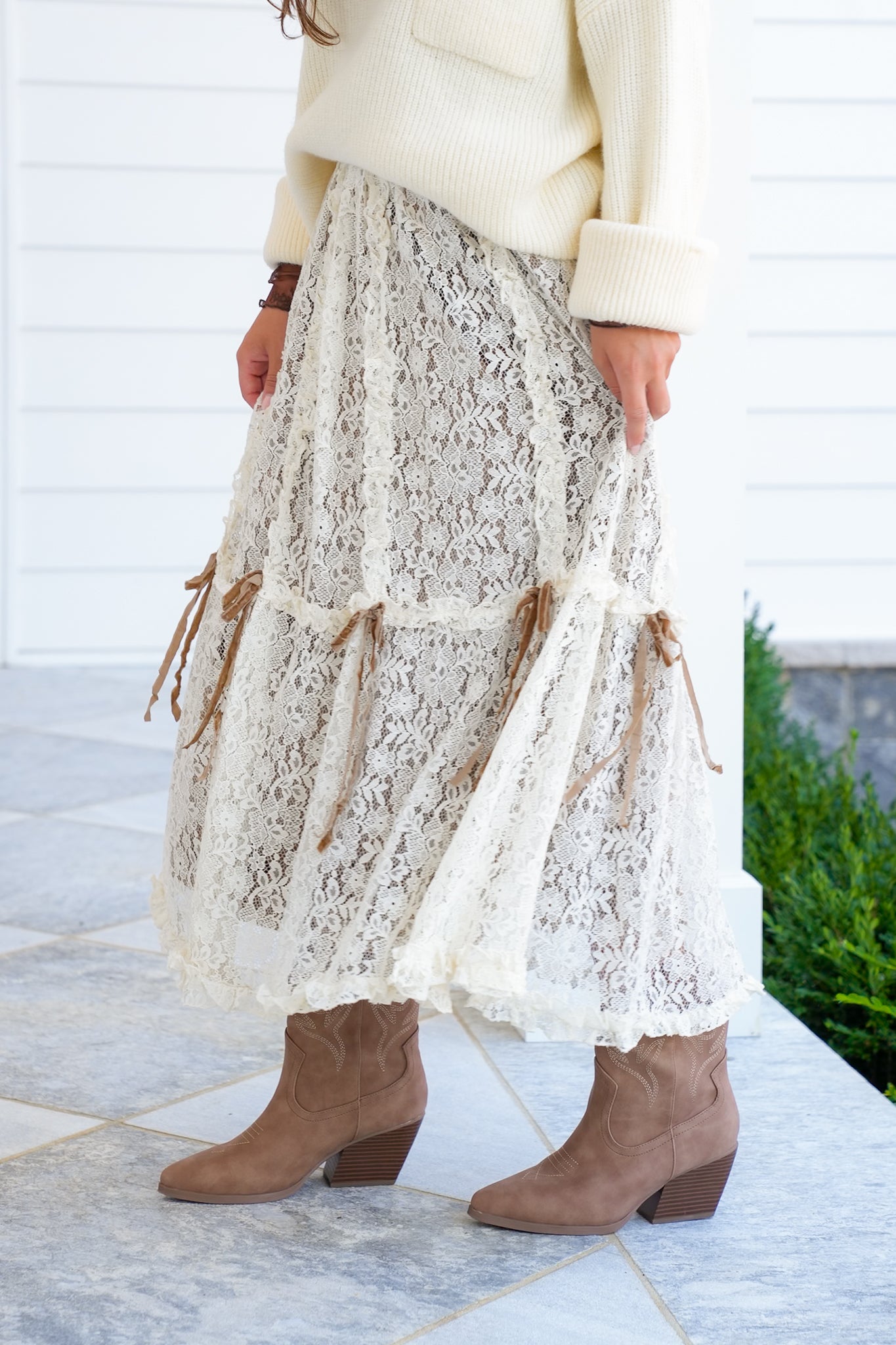 Lace Elastic Waist Midi Skirt with Bow Detail
