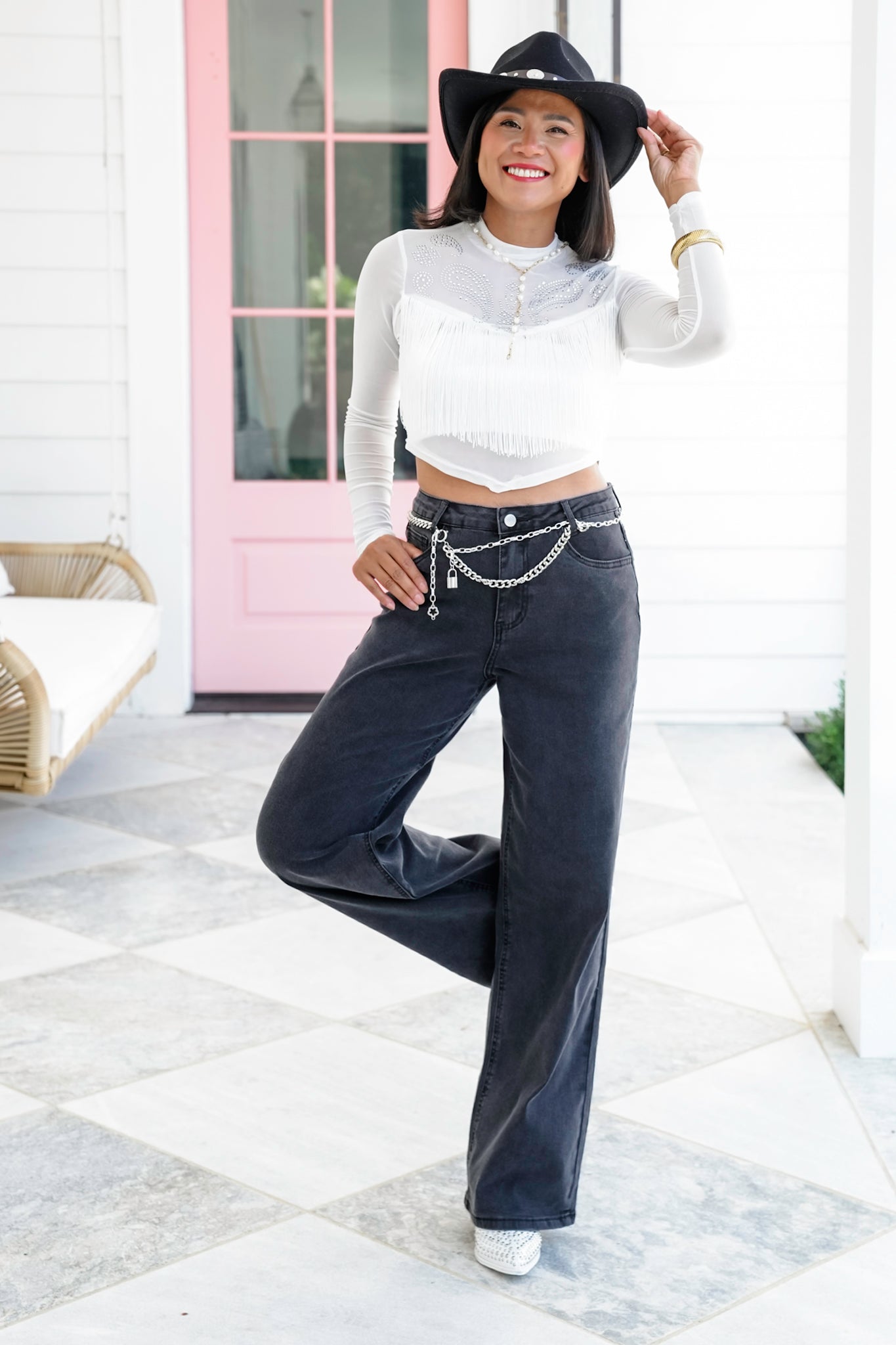 Black High Rise Pants with Chain Belt Detail