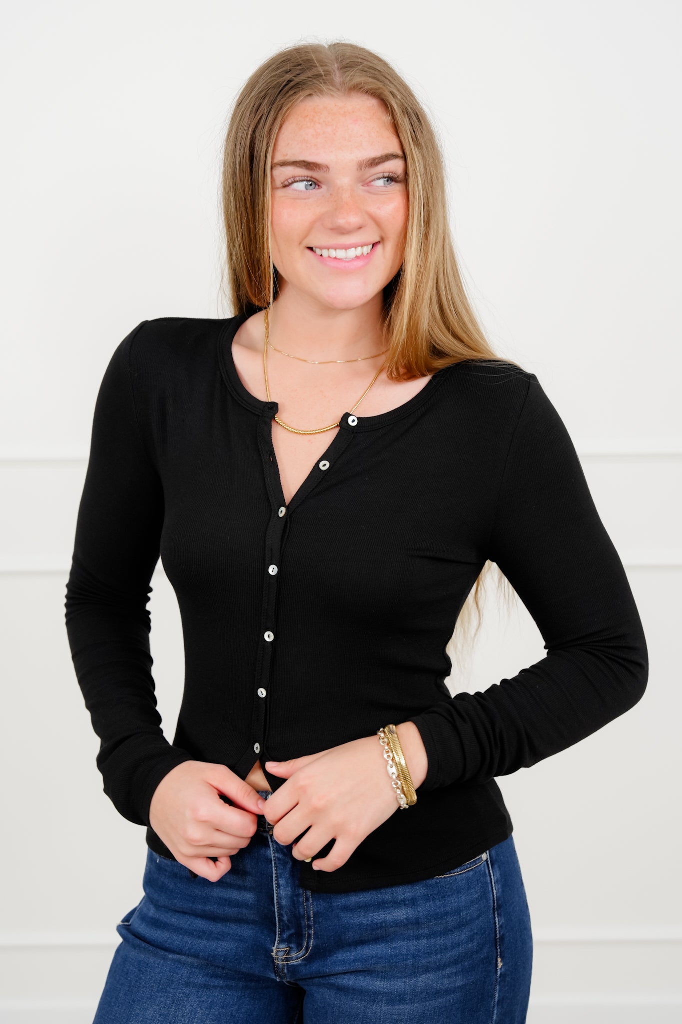 Ribbed Long Sleeve Button Up Top