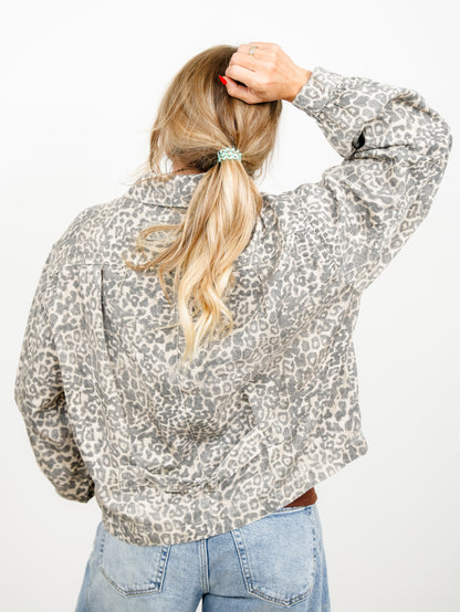 POL Leopard Print Long Sleeve Zip Up Jacket