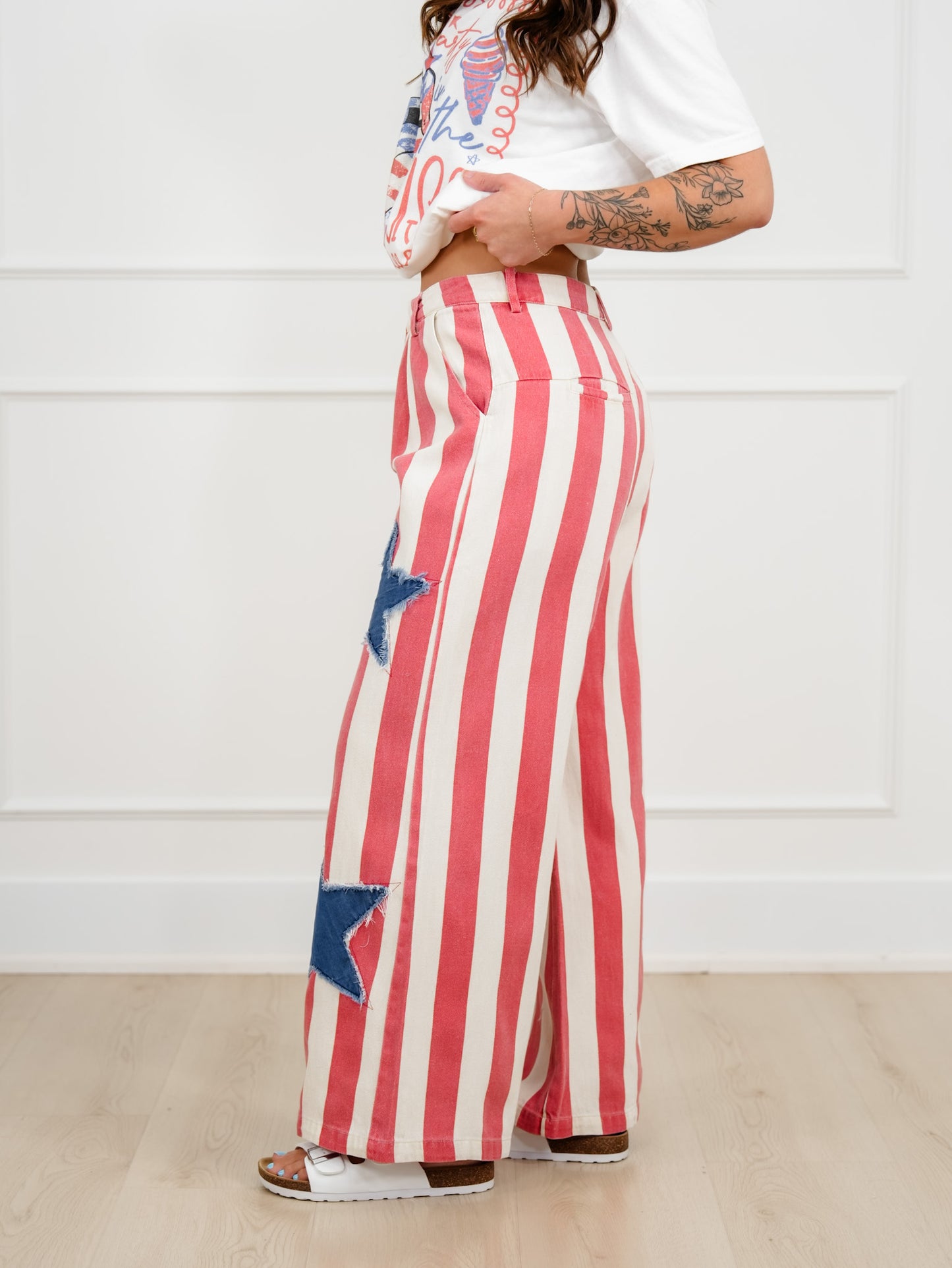 Stripe Wide Leg Pants With Star Patch
