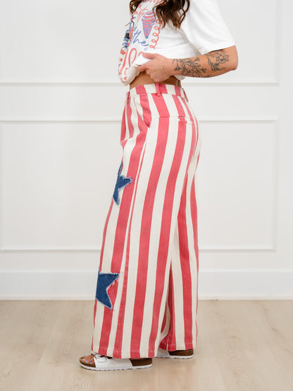 Stripe Wide Leg Pants With Star Patch