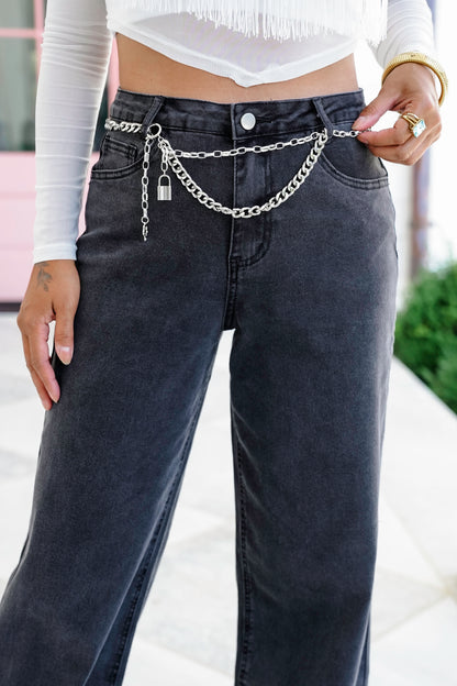 Black High Rise Pants with Chain Belt Detail