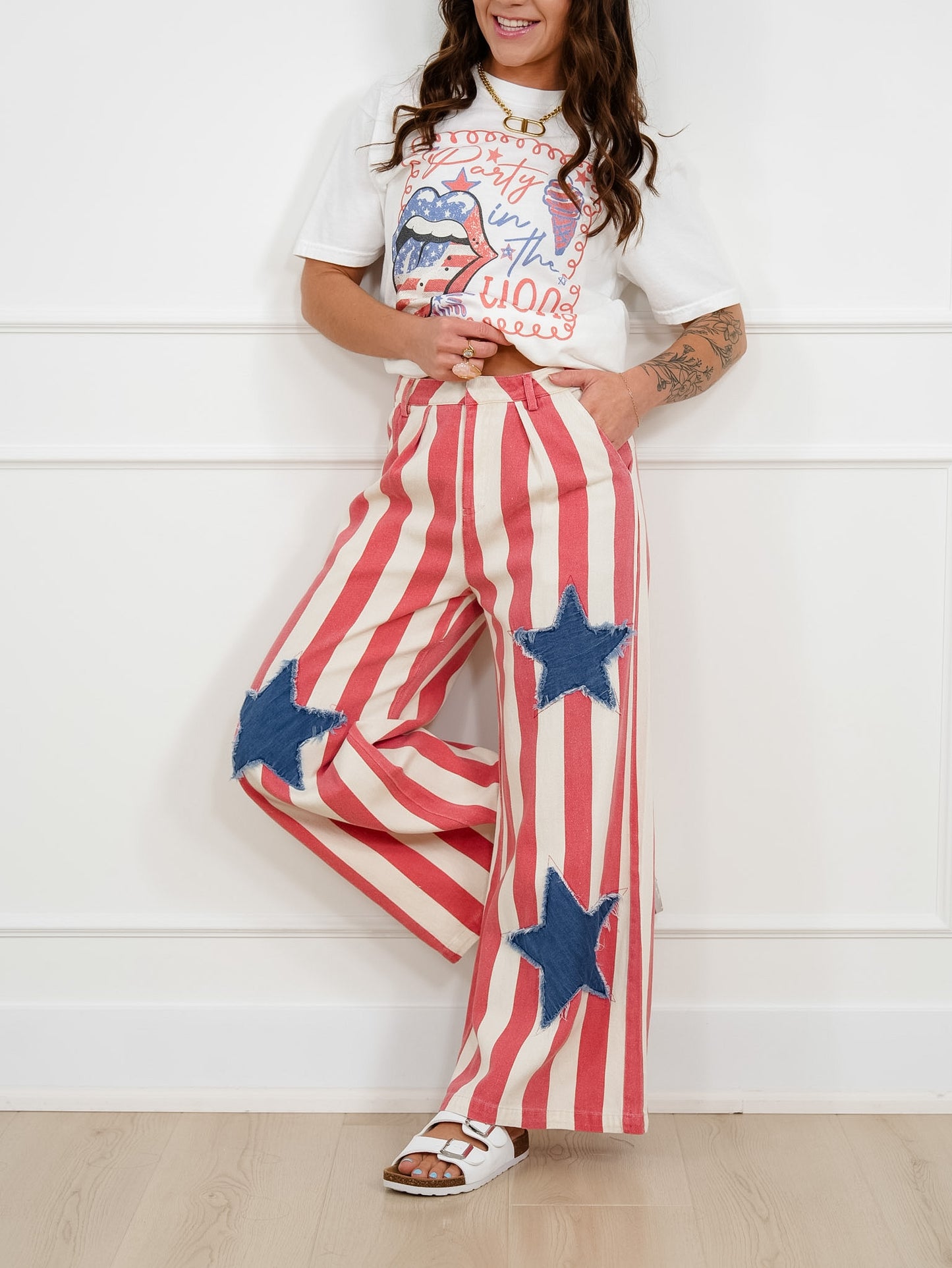 Stripe Wide Leg Pants With Star Patch
