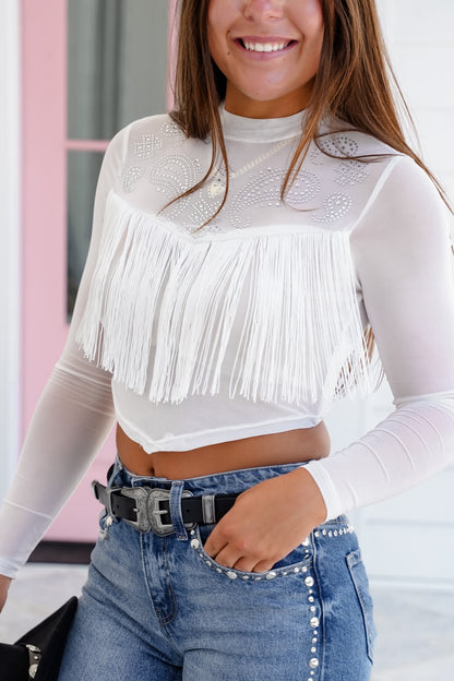 Mesh Long Sleeve Crop Top with Rhinestone and Fringe Detail