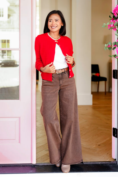 Red Cable Knit Long Sleeve Button Down Cardigan